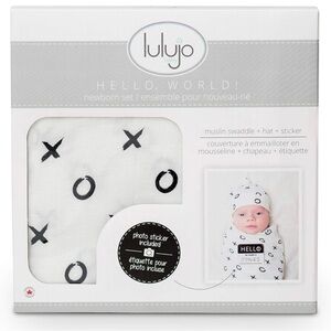 Newborn Set Muslin Swaddle, Hat & Sticker Hello World New Baby Set New in Box